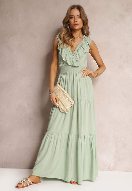 Miętowa Rozkloszowana Sukienka Maxi z Gumką w Talii i Falbanką Laylani