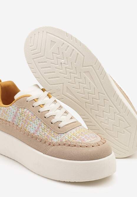 Ciemnobeżowe Sneakersy na Platformie Ozdobione Plecionką Nilaraviela