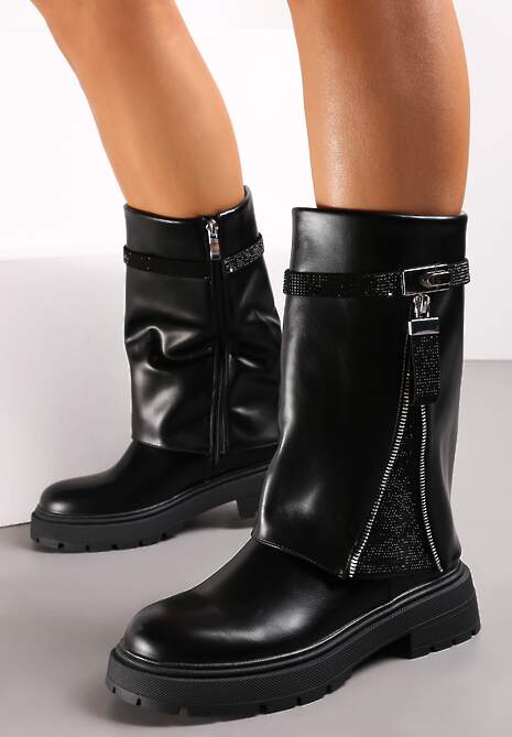 Czarne Botki z Wywiniętą Cholewką i Wstawką w Cyrkonie Romppe