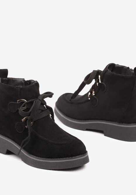 Czarne Ocieplane Płaskie Botki Ozdobione Sznurowaniem Resivara