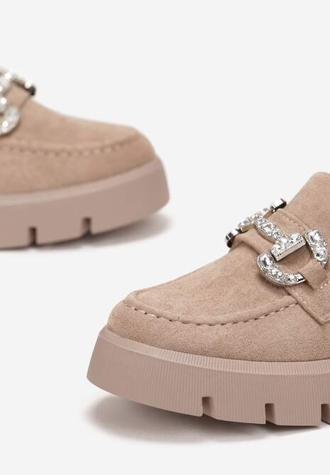 Ciemnobeżowe Mokasyny z Ozdobą w Cyrkonie na Grubej Podeszwie Zosima