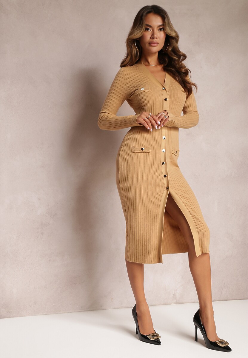 Beżowa Sweterkowa Sukienka Midi Ehedga