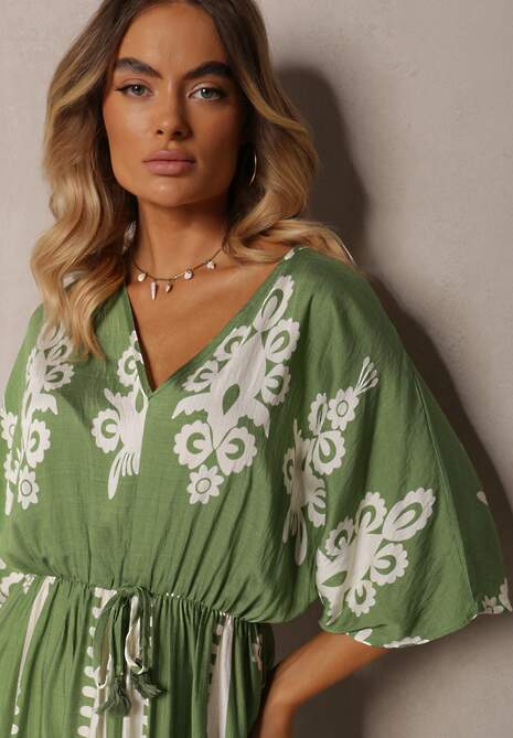 Zielona Sukienka Taliowana z Bawełny z Gumką w Pasie Rivaq