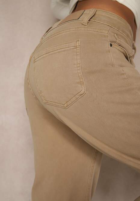 Beżowe Bawełniane Jeansy Regular Waist z Szerokimi Nogawkami Nindria