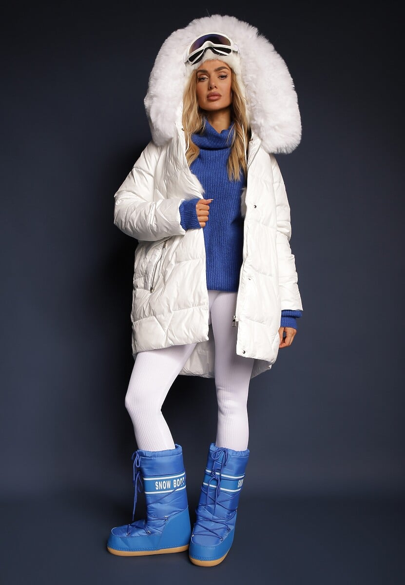 Biała Pudełkowa Kurtka Pikowana Ozdobiona Odpinanym Futerkiem i Suwakiem Hedizelle