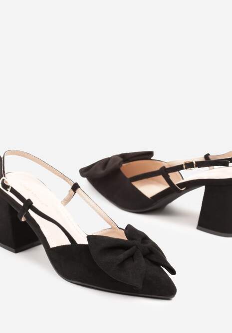 Czarne Sandały na Słupku Bez Pięty Ozdobione Kokardą Morisela