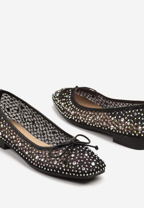 Czarne Balerinki z Siateczkową Cholewką Ozdobione Cyrkoniami i Kokardą Abbona