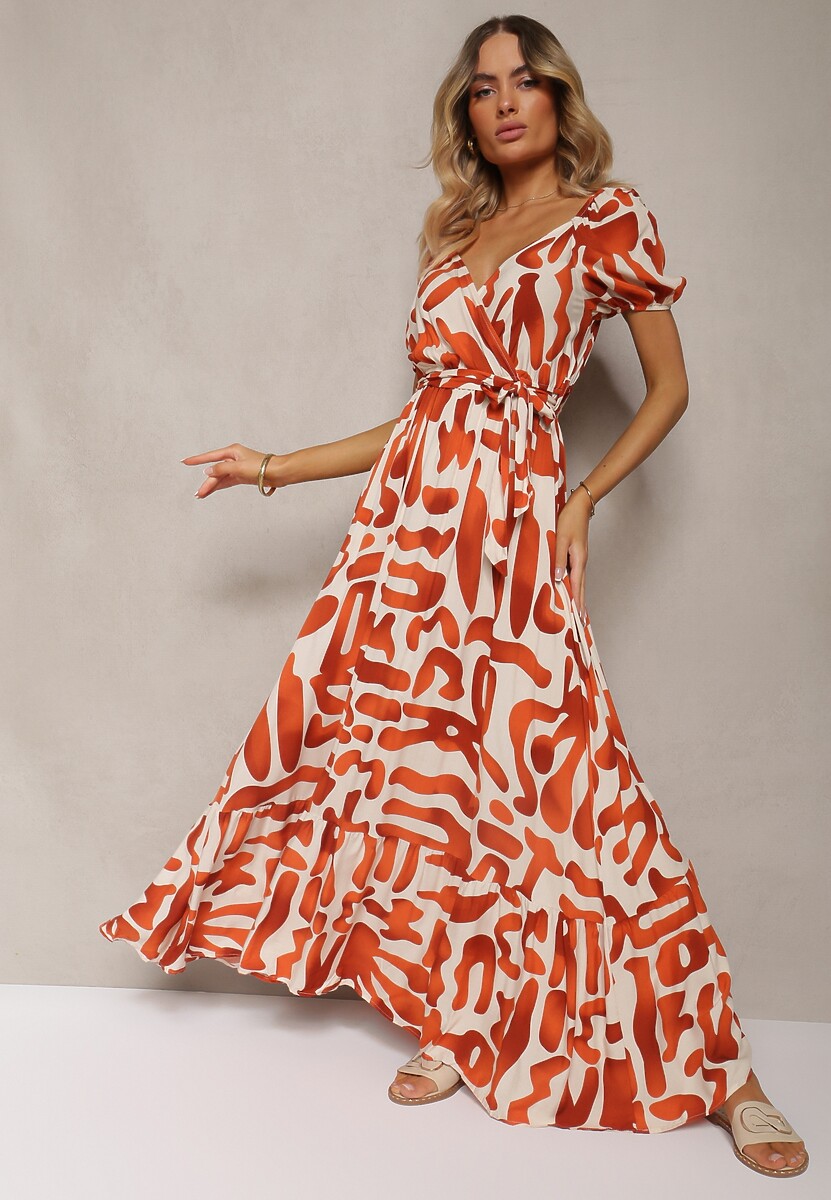 Pomarańczowa Sukienka z Wiskozy z Trójkątnym Dekoltem i Gumką w Pasie z Materiałowym Paskiem Viketa