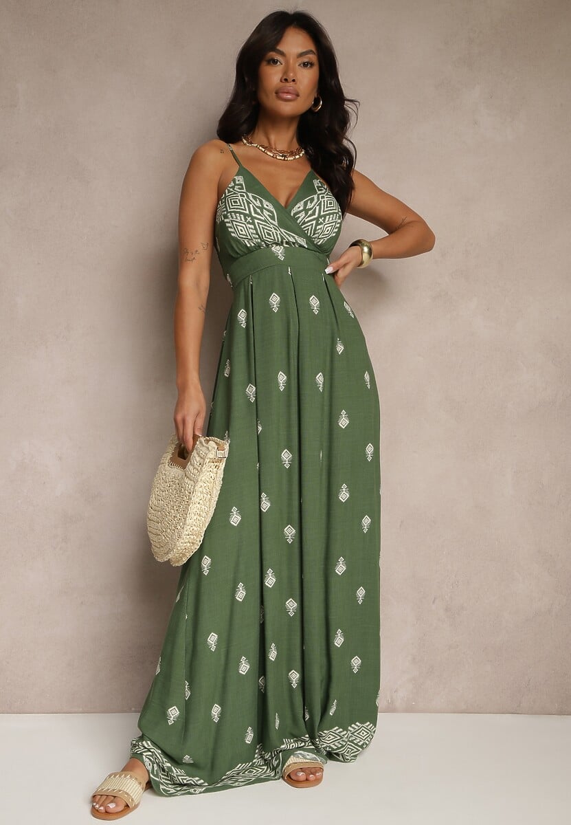 Zielona Kopertowa Sukienka na Ramiączkach z Bawełny z Wiązanym Paskiem Reveesia