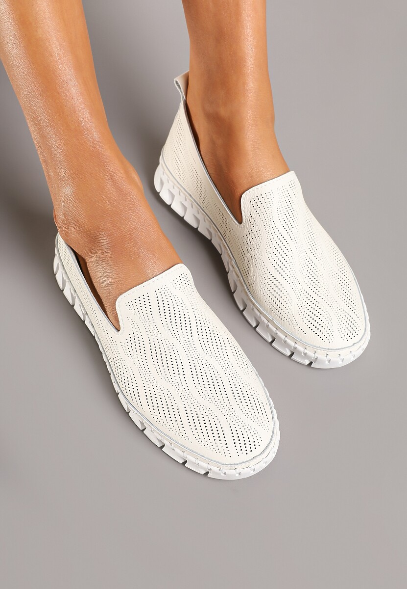 Beżowe Tenisówki ze Skóry Naturalnej Zdobione Perforacją Gonessea