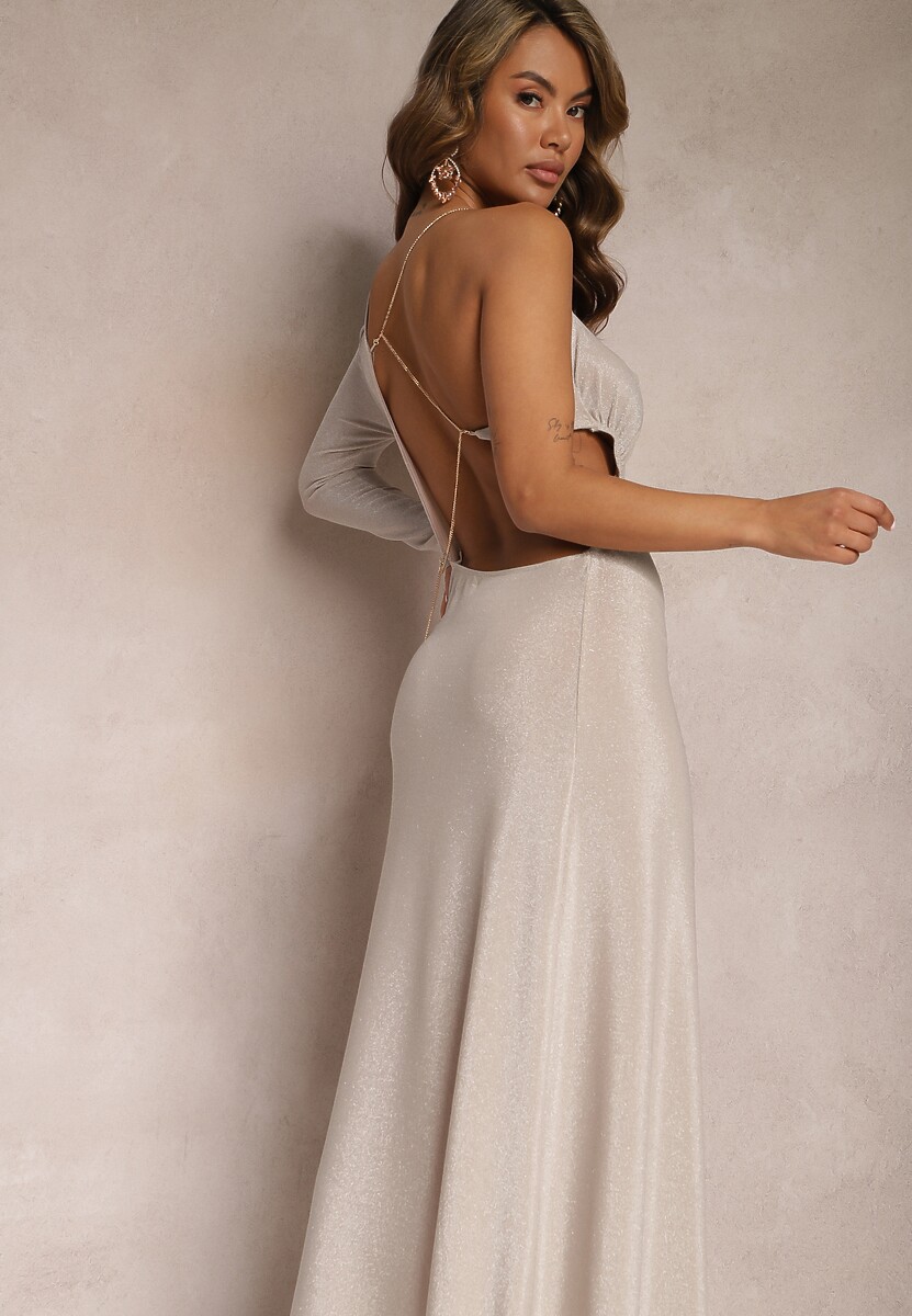 Czerwona Asymetryczna Sukienka Maxi na Jedno Ramię z Ozdobnym Łańcuszkiem Ombrelle