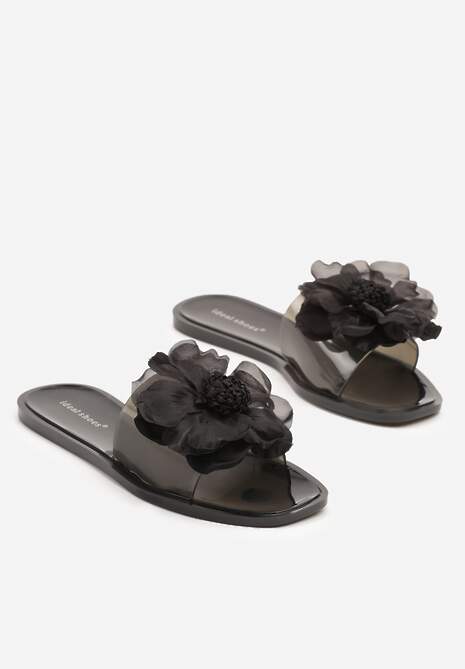 Czarne Klapki Ozdobione Cyrkoniami i Kwiatową Aplikacją 3D Luritte