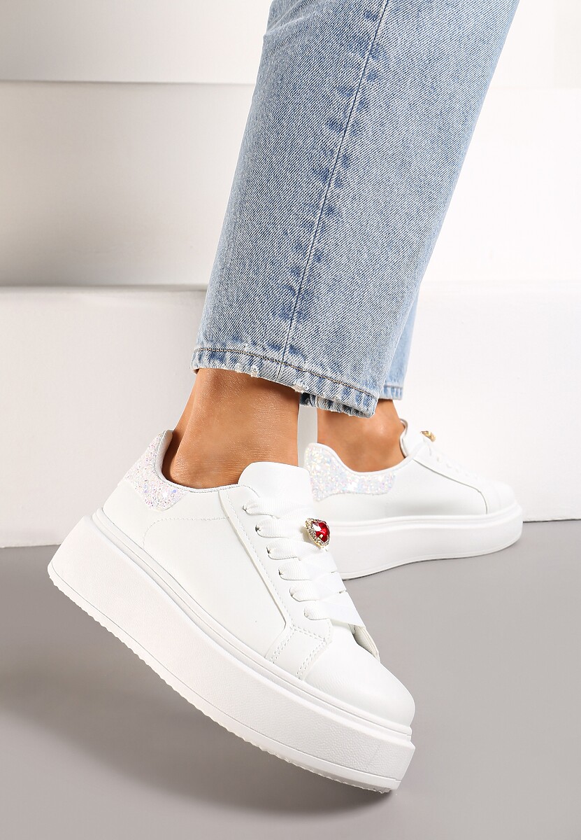 Białe Sneakersy z Brokatową Wstawką i Cyrkonią przy Sznurówkach Wineta