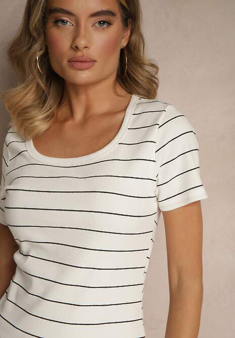 Biała Dopasowana Sukienka z Bawełny z Motywem Pasków Ralessa