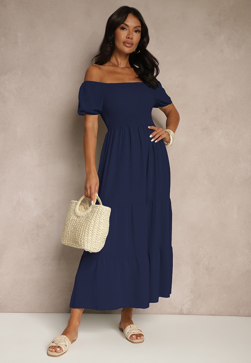 Granatowa Sukienka Hiszpanka z Marszczoną Górą Lumirielle