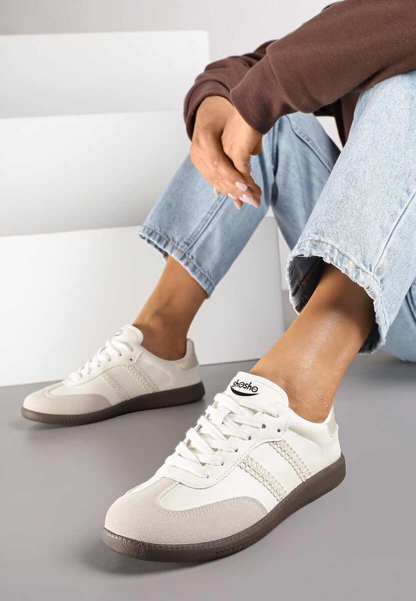 Beżowe Sneakersy w Stylu Tenisówek z Geometrycznym Motywem Halonelle