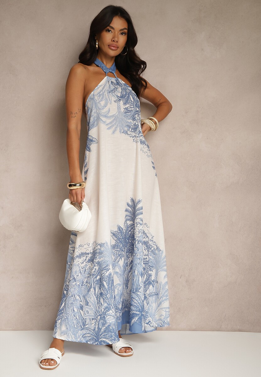 Żółta Sukienka z Wiskozą Ozdobiona Wiązaniem i Wzorem Palm Folenella