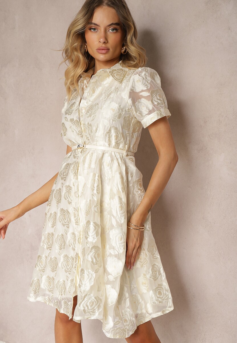 Beżowa Koktajlowa Taliowana Sukienka o Kroju Koszulowym Ozdobiona Paskiem z Perełką Vimalette