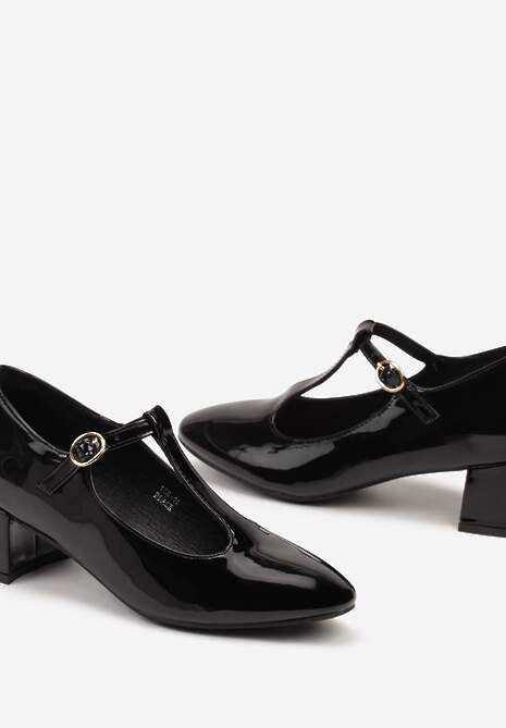 Czarne Czółenka Lakierowane na Słupku Wykończone Sprzączką Velarise