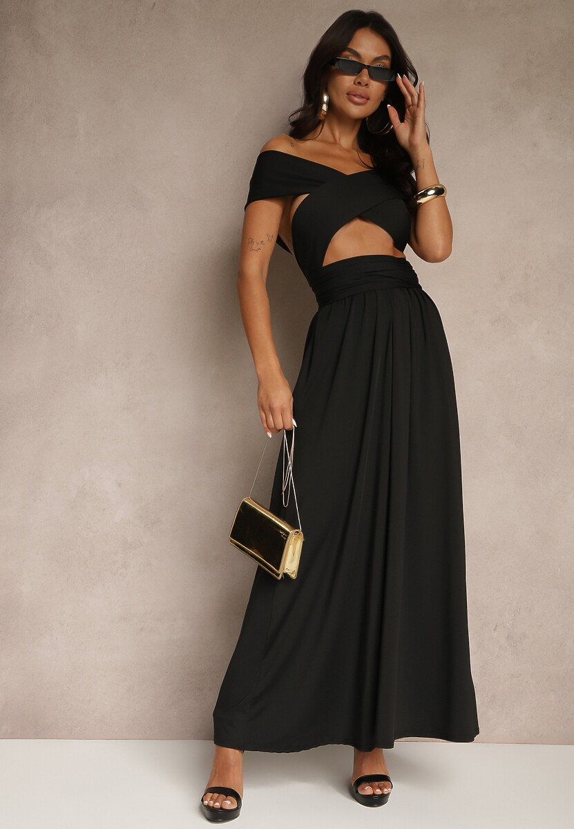 Czarna Sukienka Koktajlowa Multiway z Wiskozą Wiązana na Szyi Lilovea