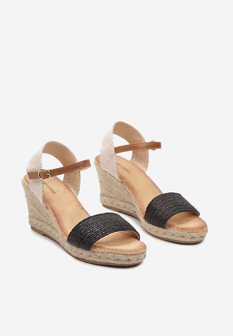 Czarne Sandały na Koturnie z Plecionką Zapinane na Sprzączkę Wokół Kostki Moannie