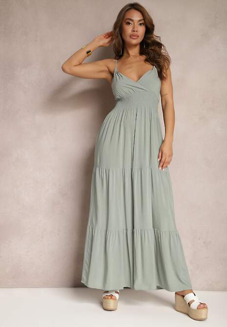 Ciemnozielona Sukienka Bawełniana Rozkloszowana Długa na Cienkich Ramiączkach z Regulacją Shalletia