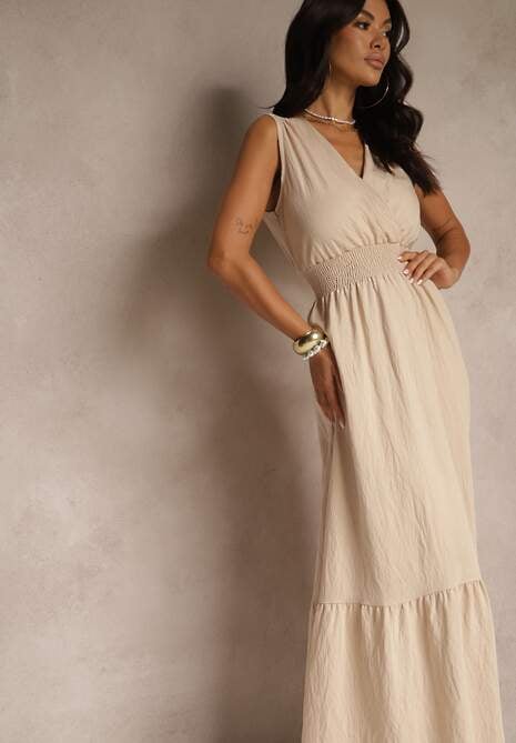 Beżowa Wiskozowa Sukienka o Kopertowym Kroju Bez Rękawów Silessa