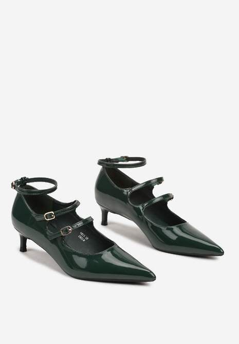 Zielone Czółenka Lakierowane Typu Kaczuszka Wykończone Paseczkami i Sprzączkami Konstisa