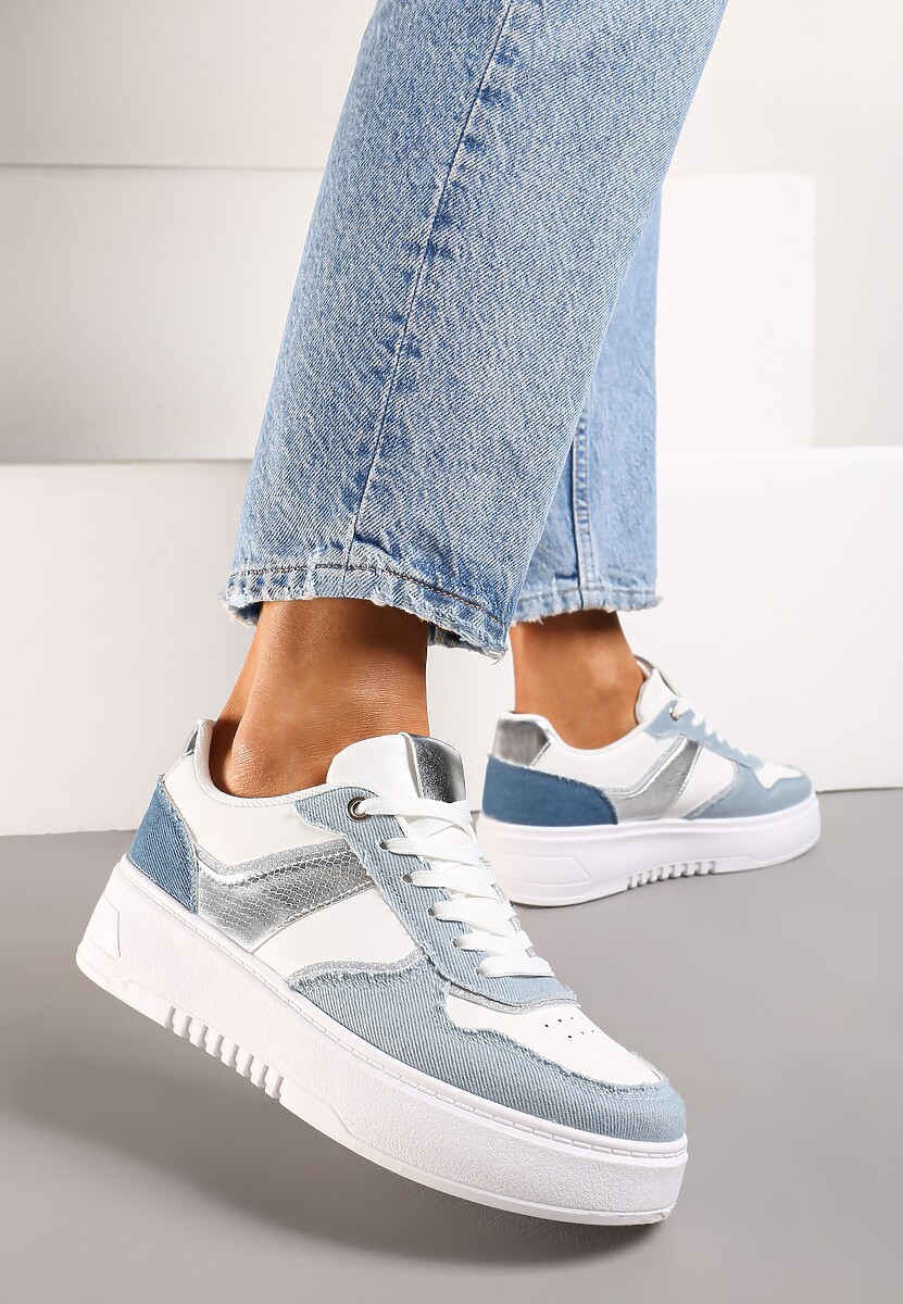 Biało-Niebieskie Sneakersy na Platformie z Brokatowymi Akcentami Sellona