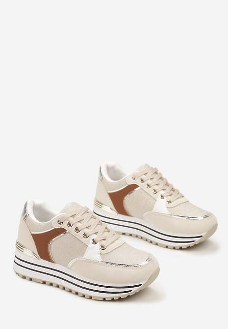 Beżowe Sneakersy z Brokatową Dzianinową Wstawką Atobia