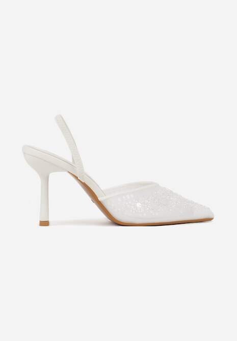 Białe Szpilki Slingback Zdobione Perełkami i Cekinami Irifera