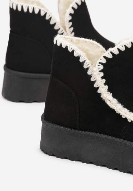 Czarne Śniegowce na Platformie Ozdobione Haftowanym Wzorem Naretusa