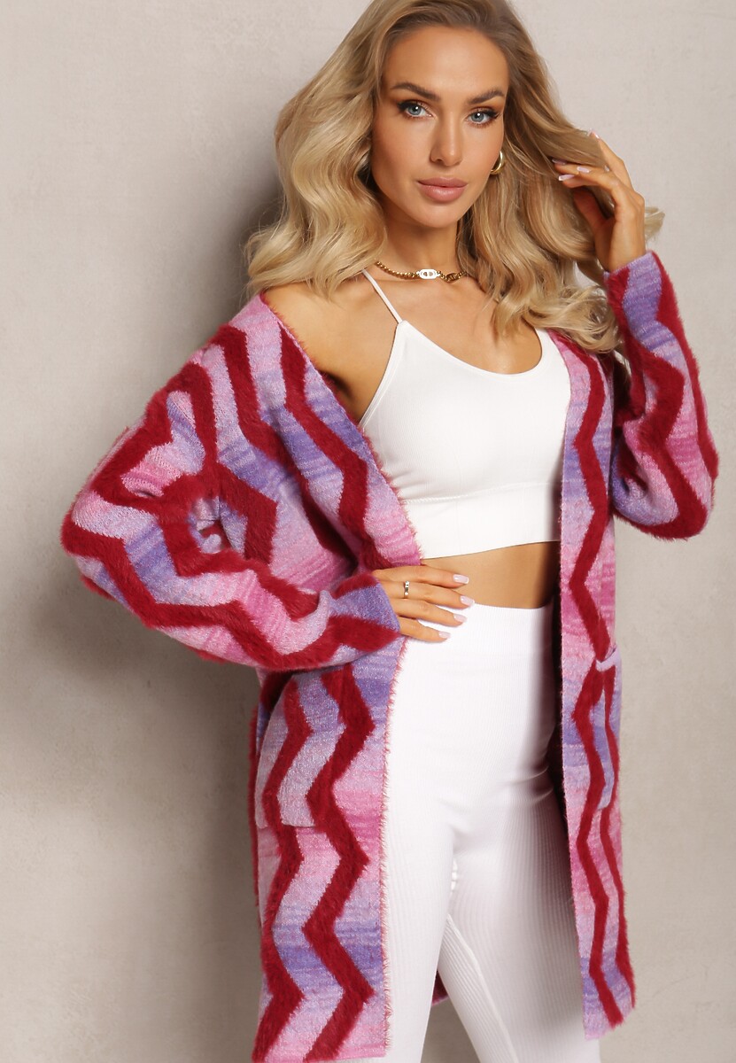 Czerwony Luźny Kardigan Niezapinany w Geometryczny Print Sheshy