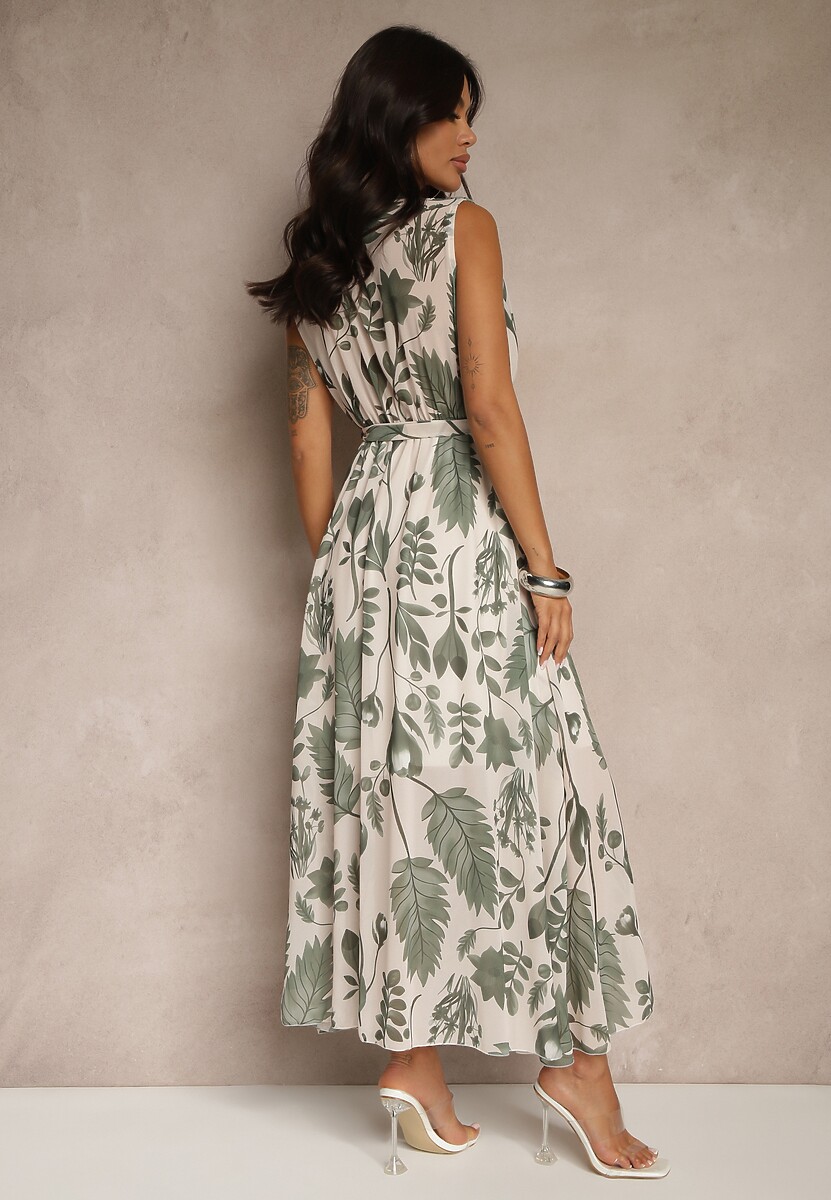 Zielona Sukienka z Wiskozą z Kopertowym Dekoltem i Wiązanym Paskiem Natisolve