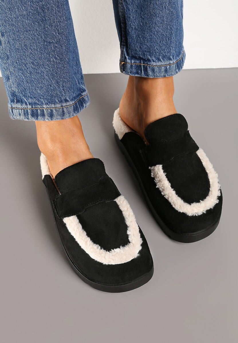 Czarne Kapcie na Płaskiej Podeszwie z Futerkiem i Paskiem Niaviera