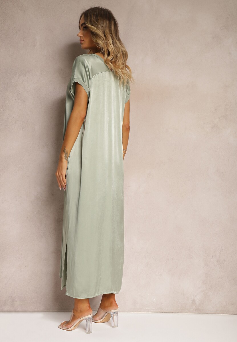 Jasnozielona Casualowa Sukienka z Wiskozy Oversize o Pudełkowym Kroju Morarose