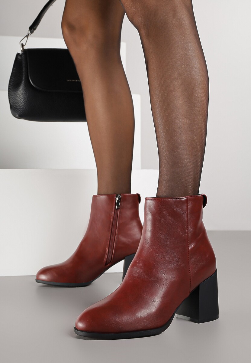 Bordowe Eleganckie Botki Vices na Słupku z Okrągłym Detalem przy Cholewce Widvire