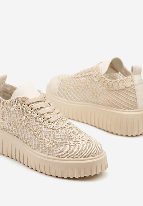 Beżowe Sneakersy Vices na Platformie z Ażurową Cholewką Lumerise