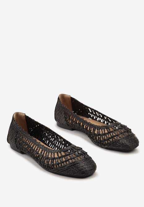 Czarne Płaskie Balerinki z Imitacji Skóry o Ażurowym Wykończeniu Yines