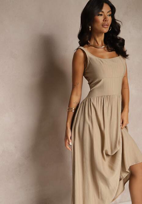 Ciemnobeżowa Rozkloszowana Sukienka z Wiskozy Milunisa