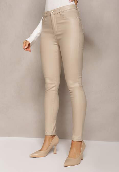 Beżowe Dopasowane Spodnie Push Up z Imitacji Skóry Lindrela