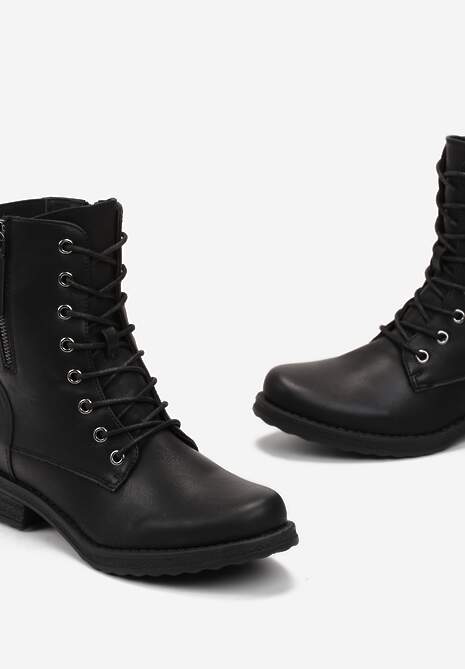 Czarne Botki Workery z Sznurowaniem Beatia