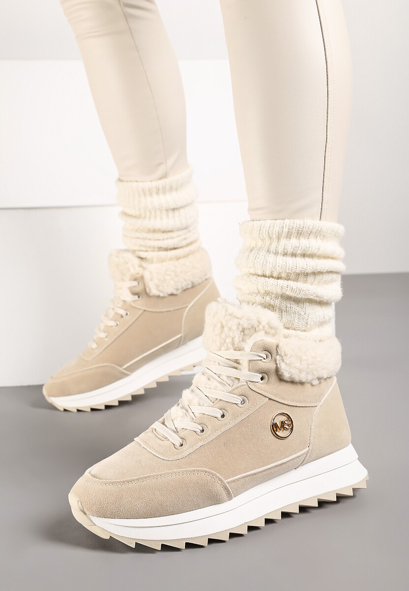 Beżowe Sneakersy z Ekozamszu z Futrzaną Wyściółką Etaylla
