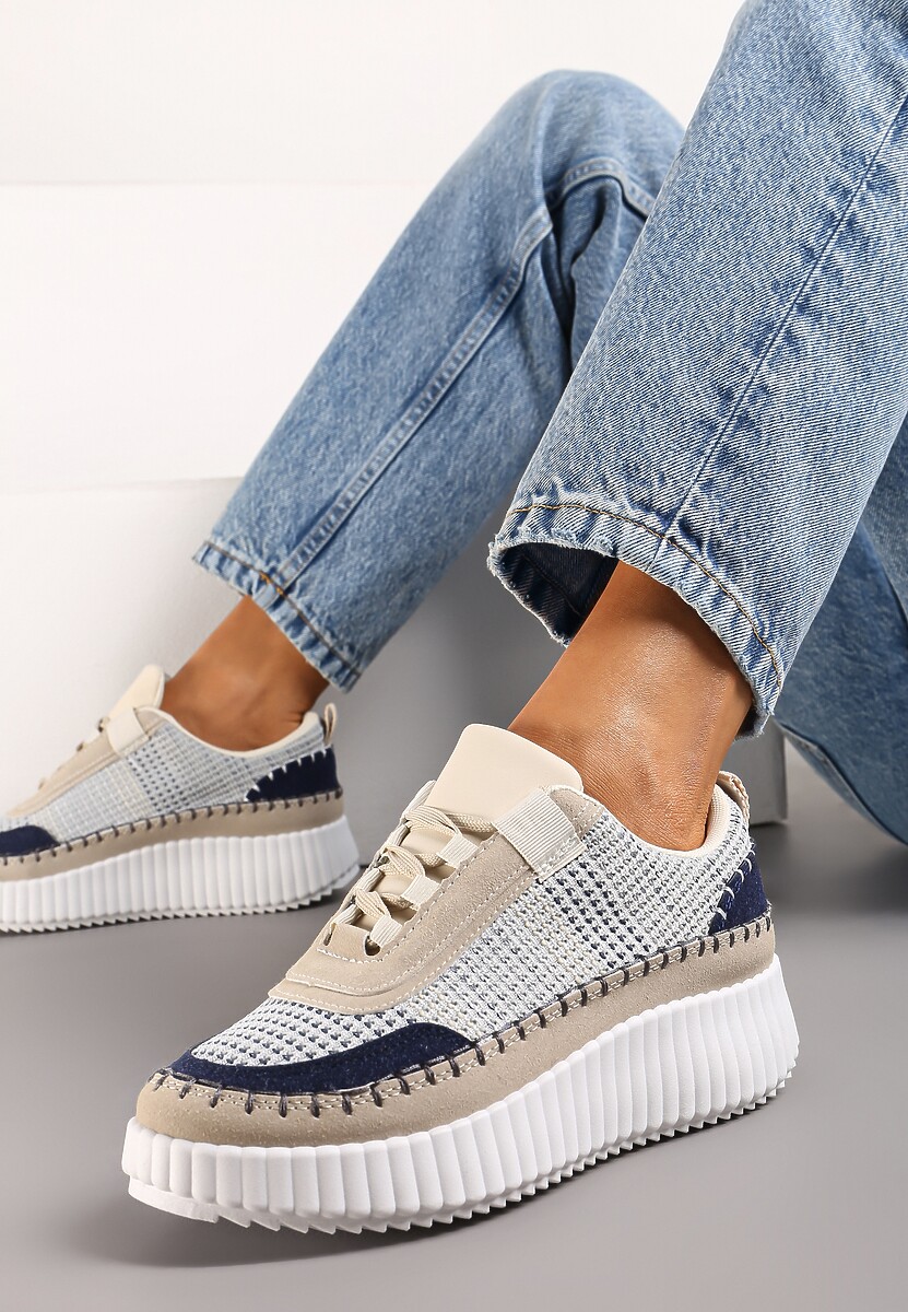 Czarne Sneakersy na Platformie Ozdobione Tweedowymi Wstawkami i Cyrkoniami Eganna