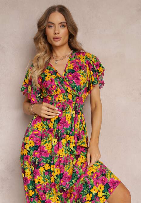 Żółto-Fuksjowa Rozkloszowana Sukienka Maxi z Gumką w Pasie z Wiskozy Femia