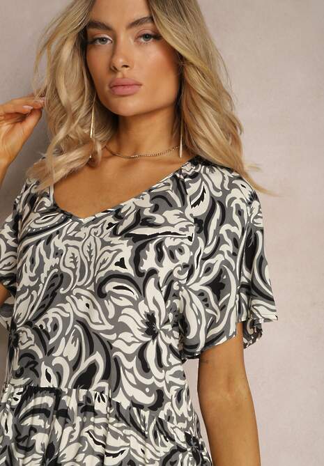 Szara Sukienka z Wiskozy Zdobiona Falbankami z Krótkim Rękawem Danibella