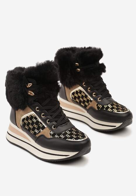 Czarne Sneakersy na Platformie z Metalicznymi Wstawkami i Futerkiem Miavora