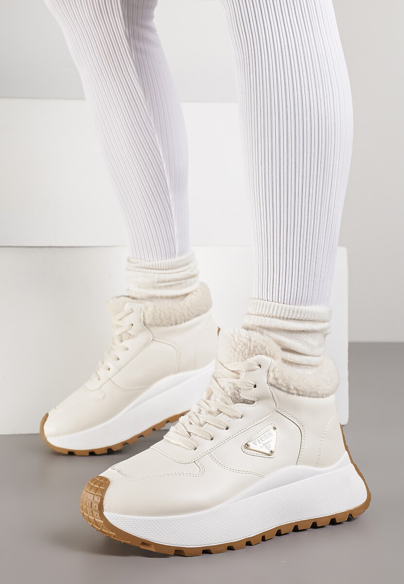 Beżowe Sneakersy Śniegowce Vices na Platformie Ozdobione Trójkątną Aplikacją Ficebia