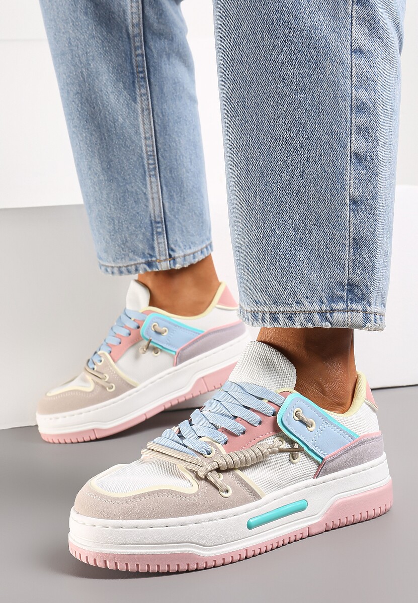 Biało-Różowe Sneakersy na Platformie z Ozdobnymi Sznurówkami Aqara