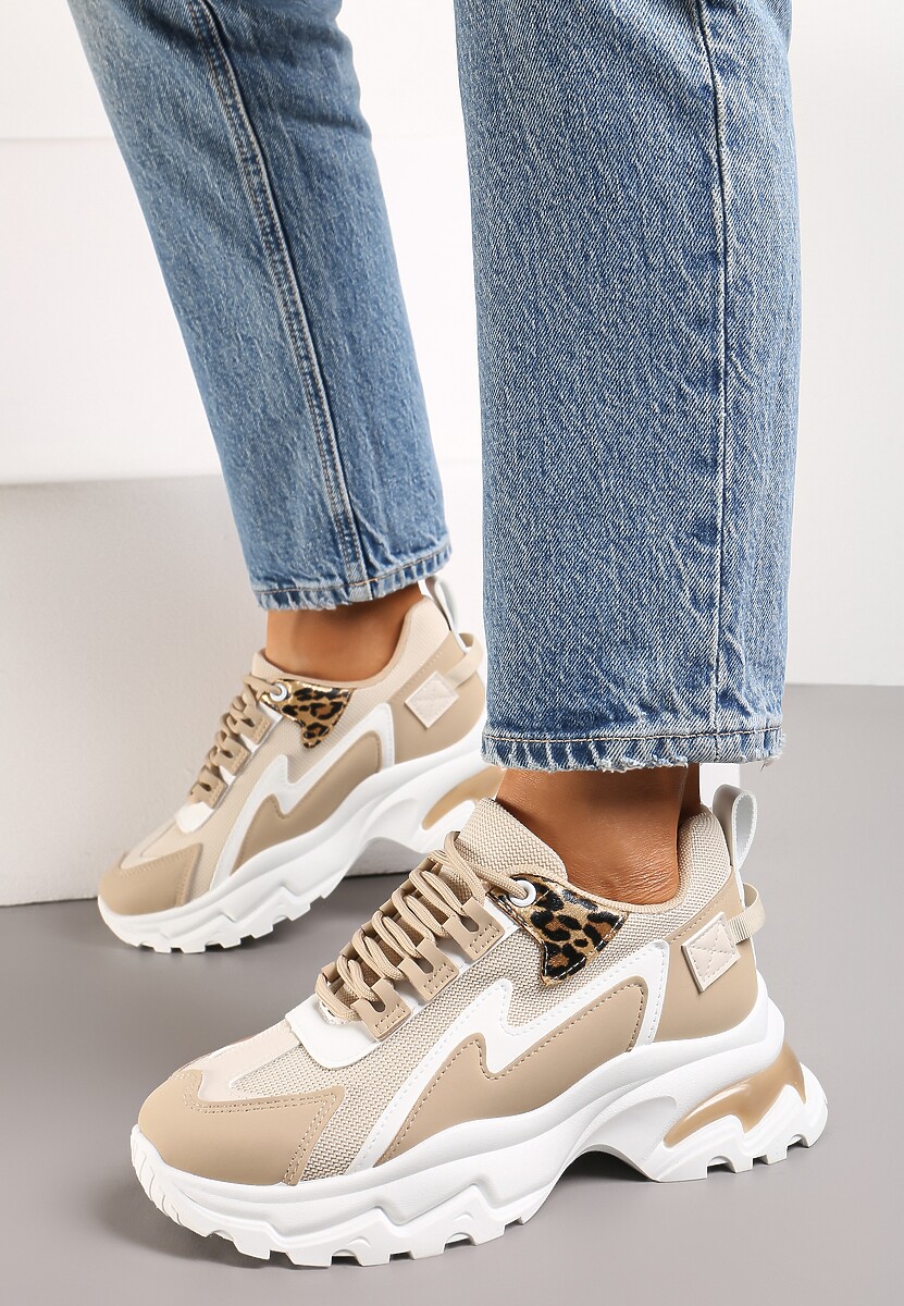 Ciemnobeżowe Sneakersy Na Grubej Podeszwie z Przeszyciami i Sznurwaniem  Marinil